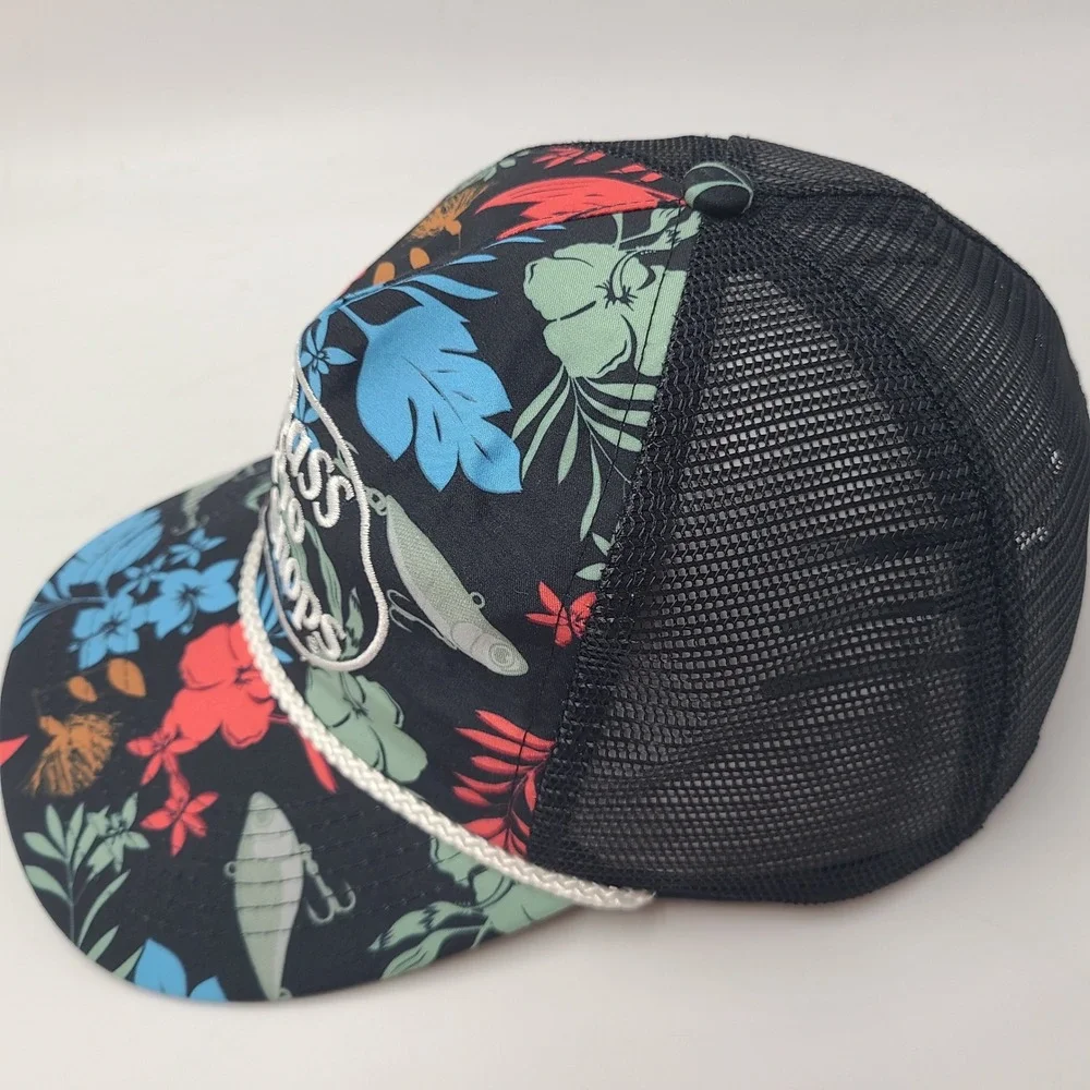 Bass Pro Shops Hat Snapback Trucker Mesh Black Floral Rope Tropical Fish Outdoor